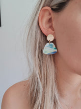 Load image into Gallery viewer, Aqua Trapeze Dangles with Gold Plated Stud Disc