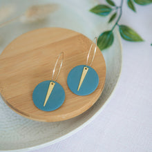 Load image into Gallery viewer, Lolita in TEAL, a Matte Disc on a 24 karat Gold-Plated Hoop. Choice of 5 charms.