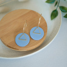 Load image into Gallery viewer, Lolita in SKY BLUE, a Matte Disc on a 24 karat Gold-Plated Hoop. Choice of 5 charms.