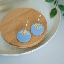 Load image into Gallery viewer, Lolita in SKY BLUE, a Matte Disc on a 24 karat Gold-Plated Hoop. Choice of 5 charms.