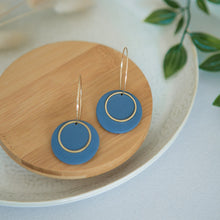 Load image into Gallery viewer, Lolita in DARK BLUE, a Matte Disc on a 24 karat Gold-Plated Hoop. Choice of 5 charms.
