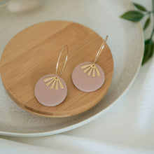 Load image into Gallery viewer, Lolita in Dusty Pink, a Matte Disc on a 24 karat Gold-Plated Hoop. Choice of 5 charms.