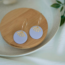 Load image into Gallery viewer, Lolita in LILAC, a Matte Disc on a 24 karat Gold-Plated Hoop. Choice of 5 charms.