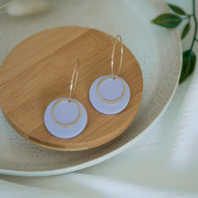 Load image into Gallery viewer, Lolita in LILAC, a Matte Disc on a 24 karat Gold-Plated Hoop. Choice of 5 charms.