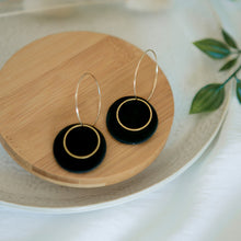 Load image into Gallery viewer, Lolita in BLACK, a Matte Disc on a 24 karat Gold-Plated Hoop. Choice of 5 charms.