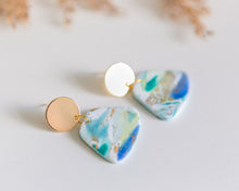 Load image into Gallery viewer, Aqua Trapeze Dangles with Gold Plated Stud Disc