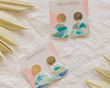 Load image into Gallery viewer, Aqua Trapeze Dangles with Gold Plated Stud Disc