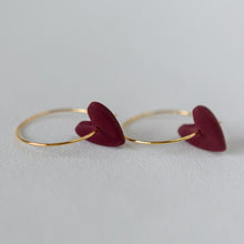Load image into Gallery viewer, Love Heart on a Hoop in FUCHSIA, 22 karat Gold-Plated Brass. More colours available