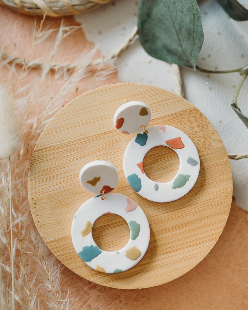 Funky Terrazzo Hoop Earrings in White and Multi-Colour
