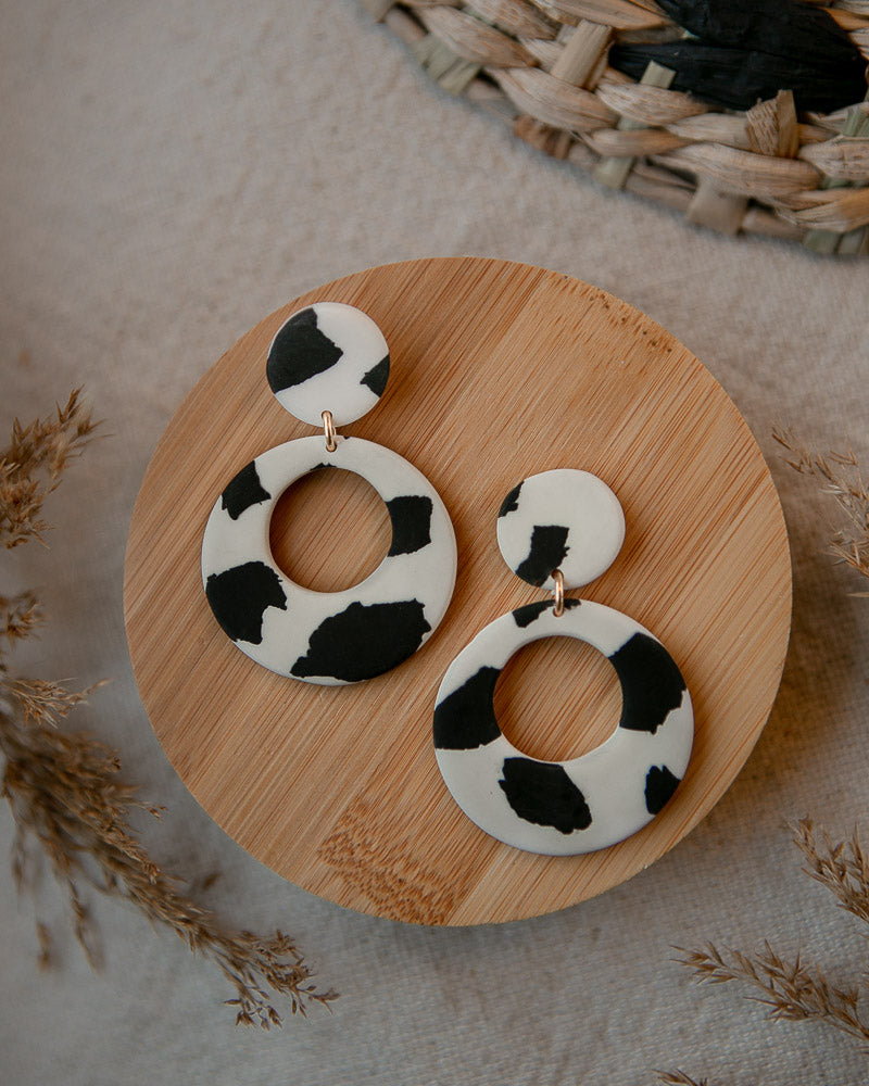 Retro Cow Print Monochrome Hoop Drop Earrings