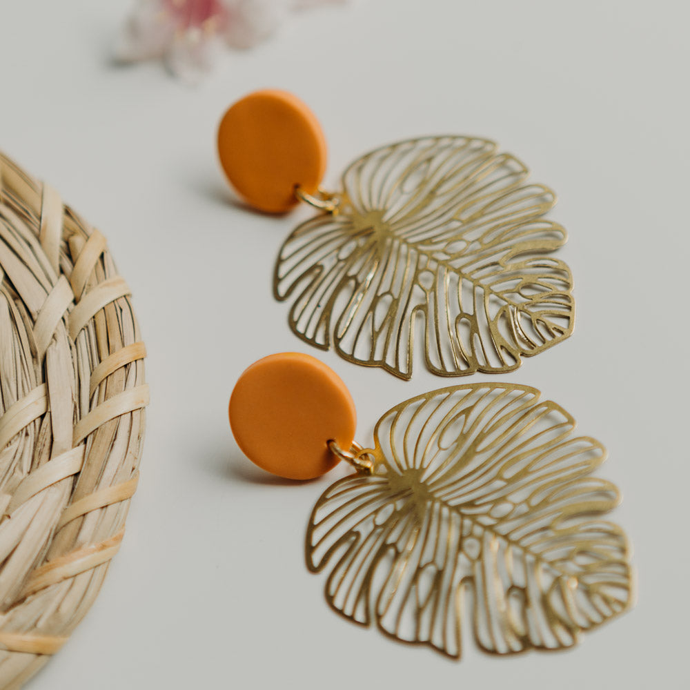 Brass Large Monstera Leaf Statement Earrings with Orange Accent Stud. More Colours available.
