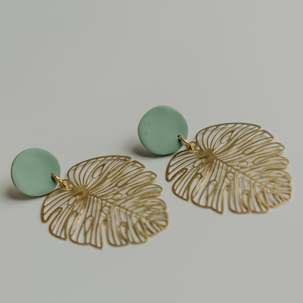 Brass Monstera Leaf Statement Earrings with Green Accent Stud. More Colours available.