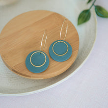 Load image into Gallery viewer, Lolita in TEAL, a Matte Disc on a 24 karat Gold-Plated Hoop. Choice of 5 charms.
