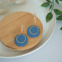 Load image into Gallery viewer, Lolita in DARK BLUE, a Matte Disc on a 24 karat Gold-Plated Hoop. Choice of 5 charms.
