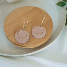 Load image into Gallery viewer, Lolita in Dusty Pink, a Matte Disc on a 24 karat Gold-Plated Hoop. Choice of 5 charms.
