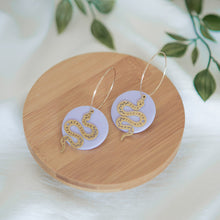 Load image into Gallery viewer, Brass Snake with a Matte Disc on a 24 karat Gold Plated Hoop. Choice of 8 Colours.
