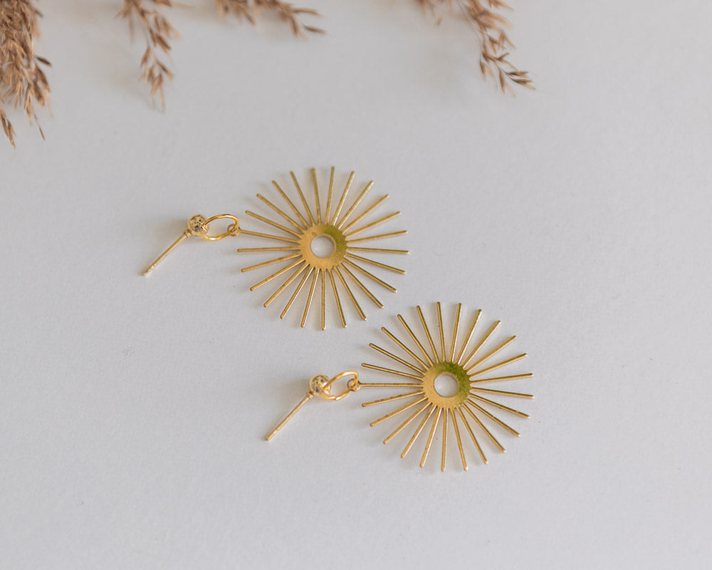 Brass Sun Charm, Minimal Statement with Gold Plated Ball Stud