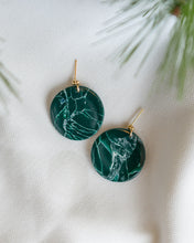 Load image into Gallery viewer, Howlite Effect EMERALD Resin Disc Dangles on a 22 karat Gold-Plated Ball Stud
