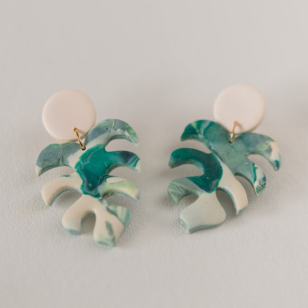 Shades of Green and White Monstera Leaf Stud Dangles