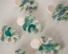 Load image into Gallery viewer, Shades of Green and White Monstera Leaf Stud Dangles

