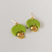 Load image into Gallery viewer, Gladys in LIME GREEN - A Minimal Stud Dangle with Gold Plated Hammered Disc Charm. More Colours Available

