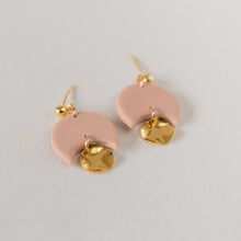 Load image into Gallery viewer, Gladys in BLUSH PINK - A Minimal Stud Dangle with Gold Plated Hammered Disc Charm. More Colours Available
