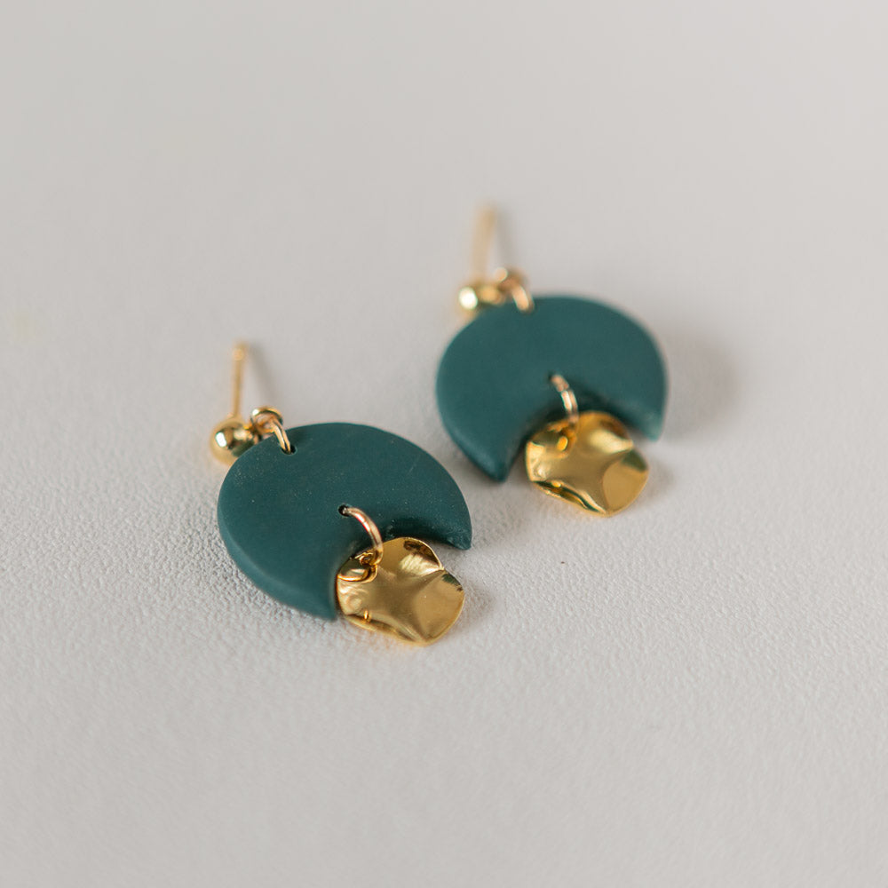 Gladys in DARK TEAL - A Minimal Stud Dangle with Gold Plated Hammered Disc Charm. More Colours Available