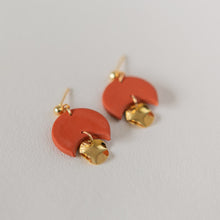 Load image into Gallery viewer, Gladys in TERRACOTTA - A Minimal Stud Dangle with Gold Plated Hammered Disc Charm. More Colours Available
