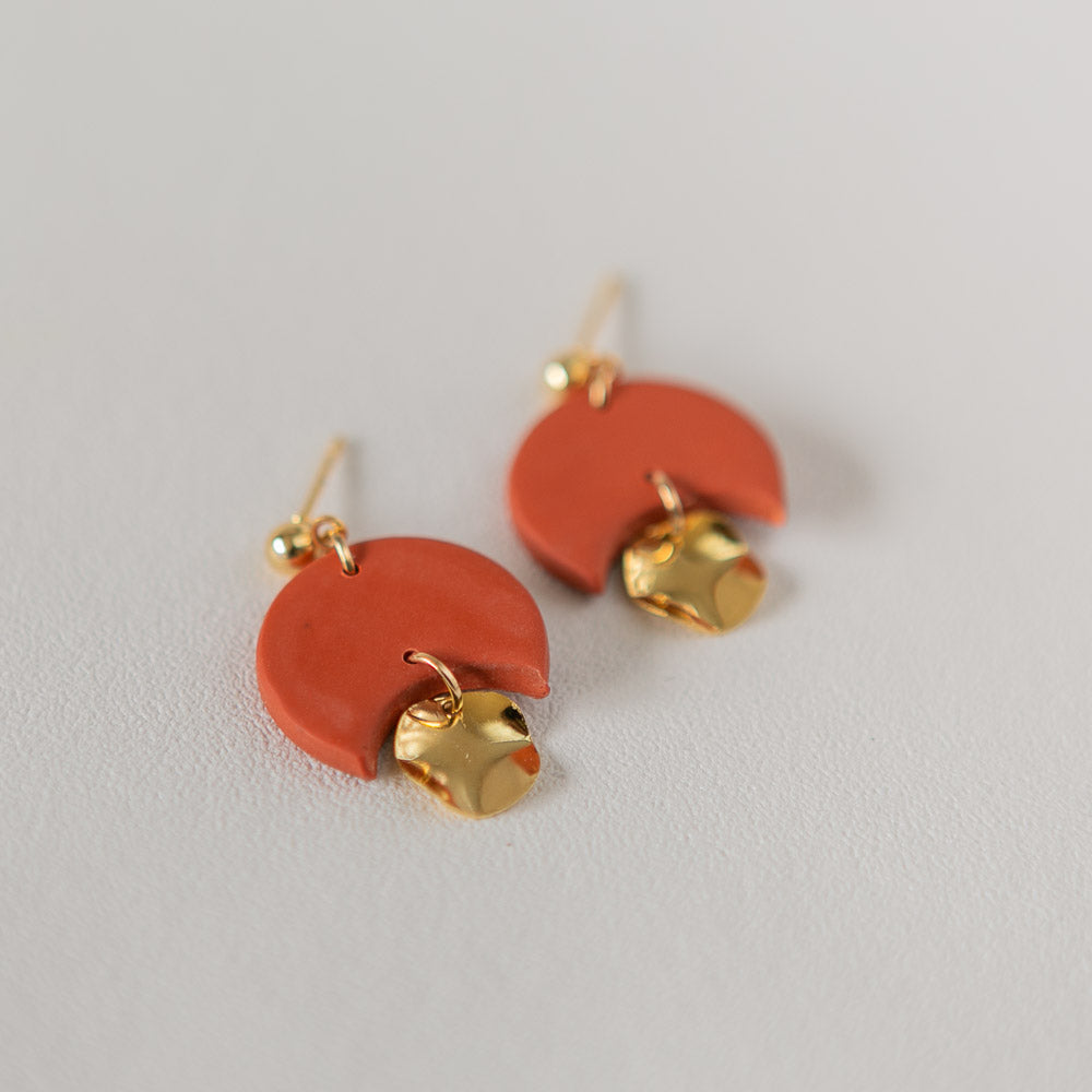 Gladys in TERRACOTTA - A Minimal Stud Dangle with Gold Plated Hammered Disc Charm. More Colours Available