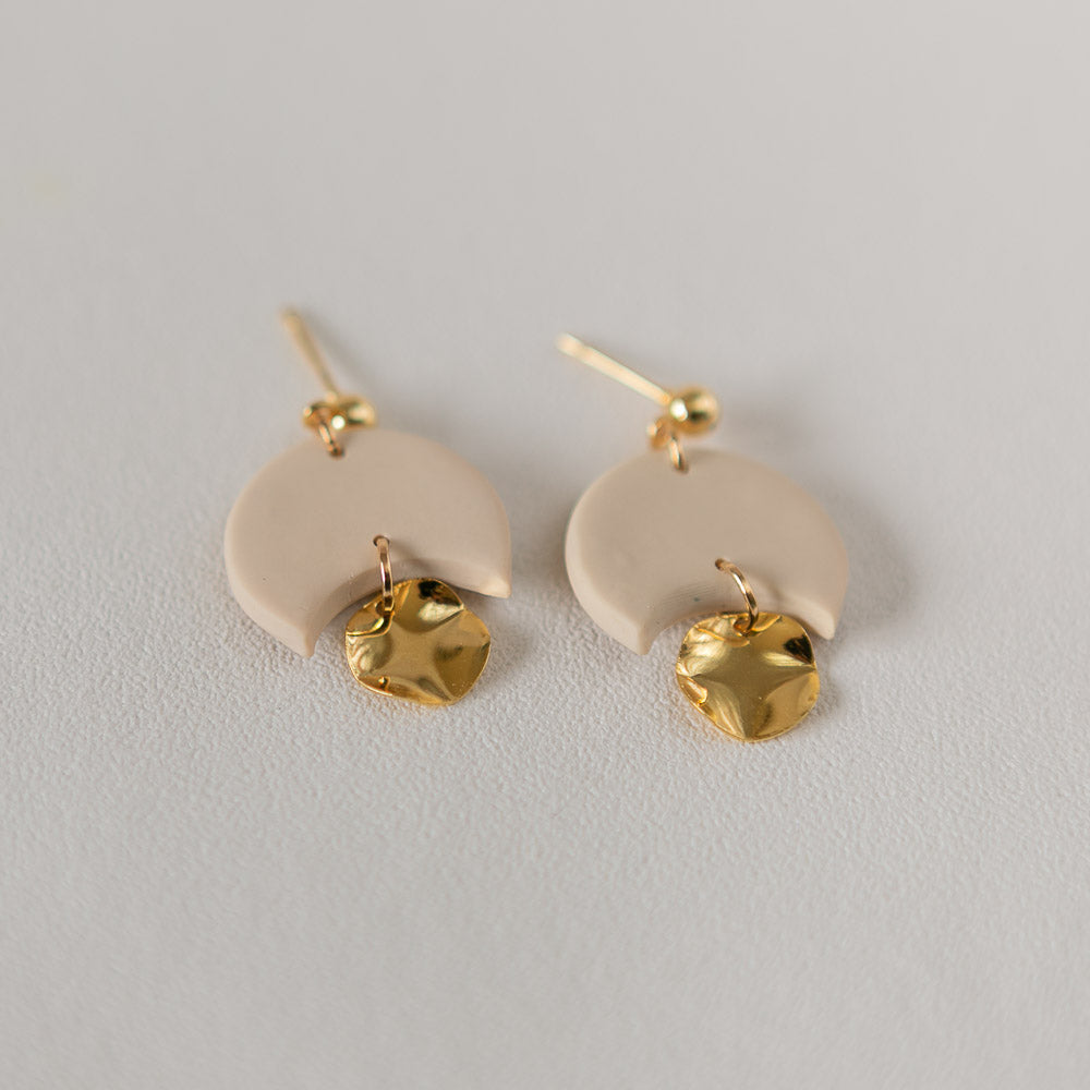 Gladys in OFF-WHITE - A Minimal Stud Dangle with Gold Plated Hammered Disc Charm. More Colours Available