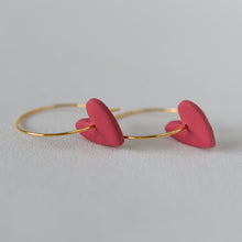 Load image into Gallery viewer, Love Heart on a Hoop in FUCHSIA, 22 karat Gold-Plated Brass. More colours available

