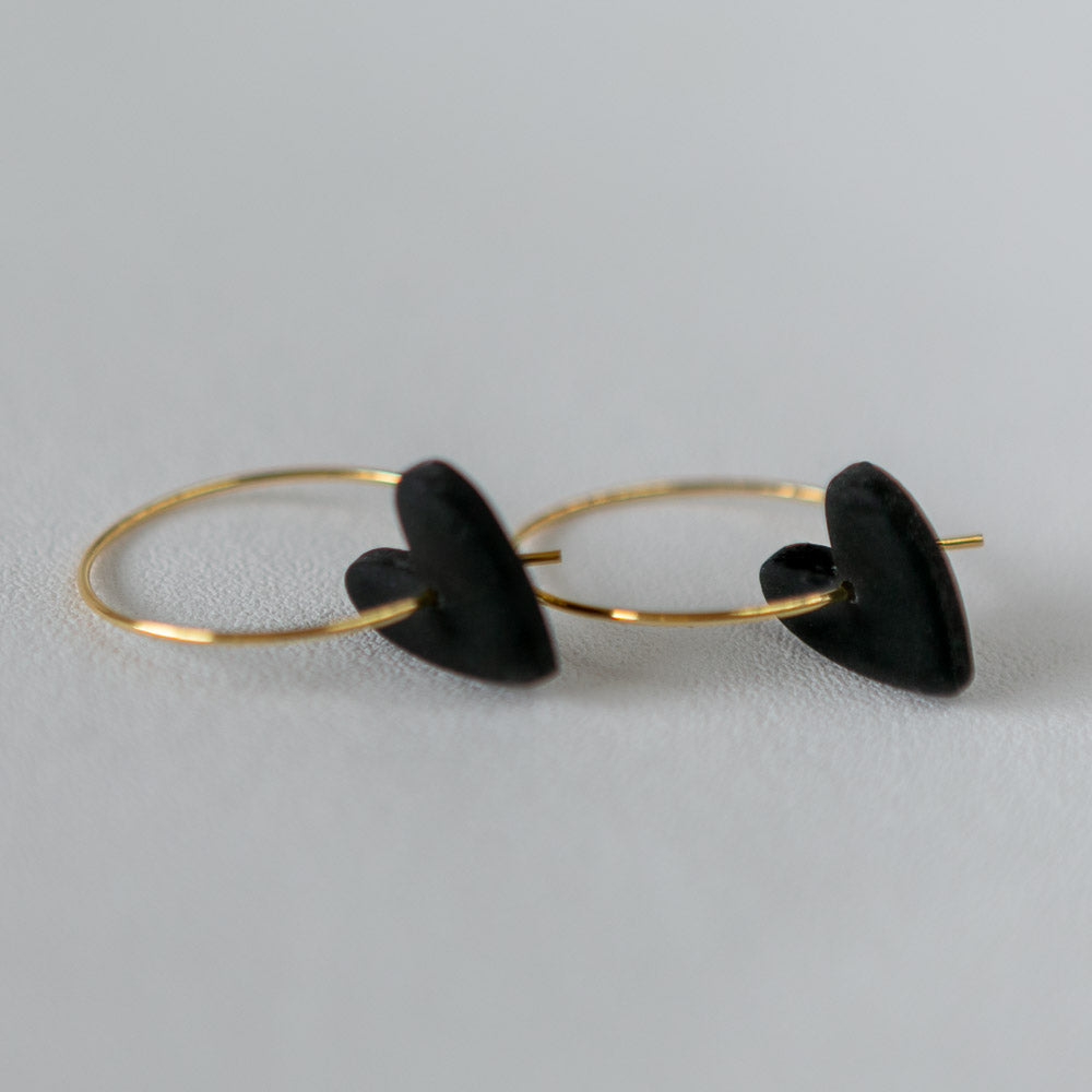 Love Heart on a Hoop in BLACK, 22 karat Gold-Plated Brass. More colours available
