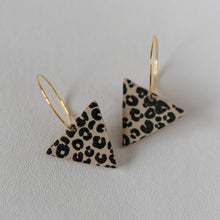 Load image into Gallery viewer, Leopard Print Triangles in Neutral on 22 karat Gold Plated Brass Hoop
