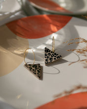 Load image into Gallery viewer, Leopard Print Triangles in Neutral on 22 karat Gold Plated Brass Hoop
