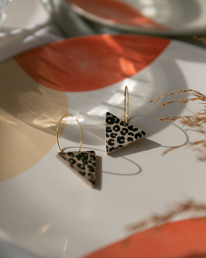 Leopard Print Triangles in Neutral on 22 karat Gold Plated Brass Hoop