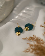 Load image into Gallery viewer, Gladys in DARK TEAL - A Minimal Stud Dangle with Gold Plated Hammered Disc Charm. More Colours Available

