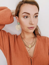 Load image into Gallery viewer, Brass Large Monstera Leaf Statement Earrings with Orange Accent Stud. More Colours available.
